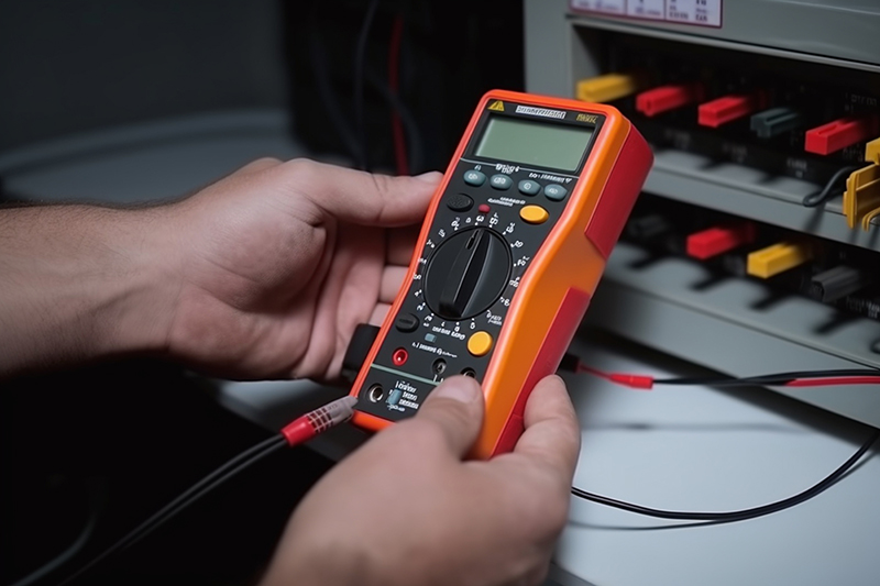unrecognizable Electrician engineer uses a multimeter to test th
